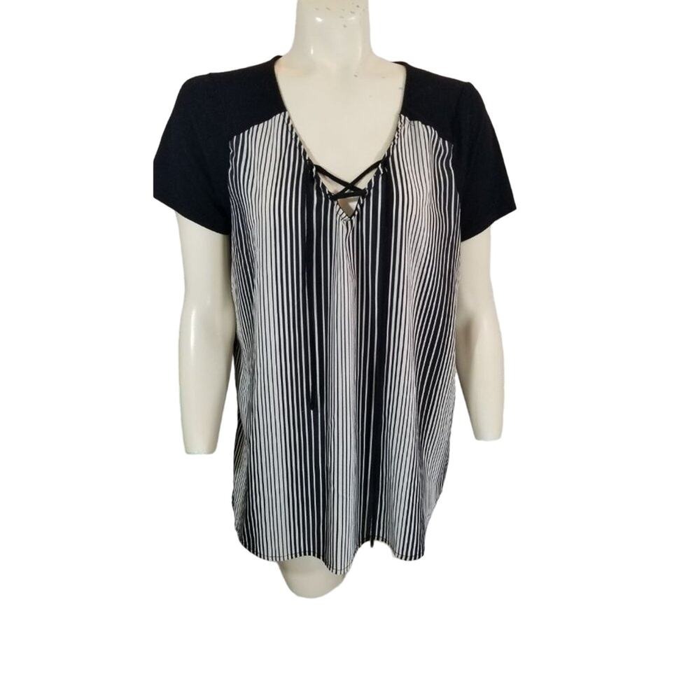 Espresso Black Striped Blouse Mexico‎ Short sleeve v-neck lace up Sz XL